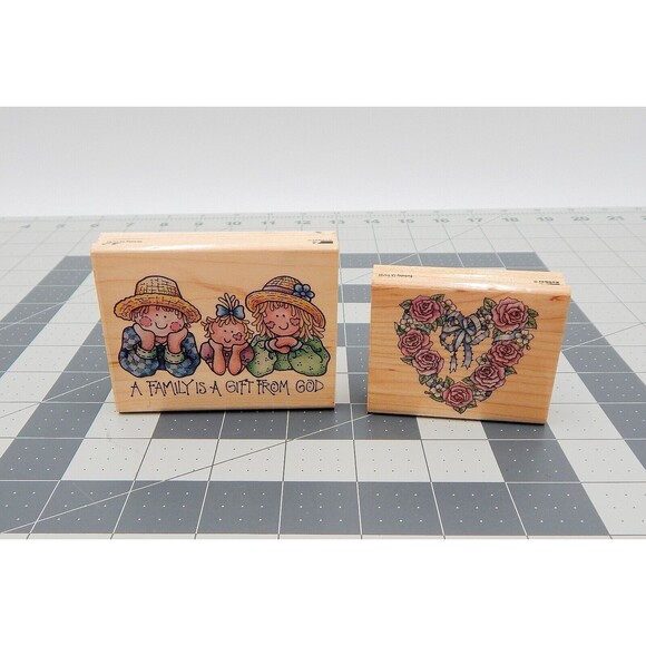 Rubber Stampede Mounted on Wood Family God Flower Heart Rubber Stamp Set of 2 - Picture 6 of 6